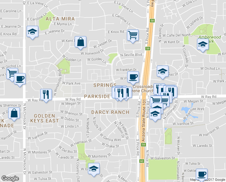 map of restaurants, bars, coffee shops, grocery stores, and more near 3312 West Gary Drive in Chandler