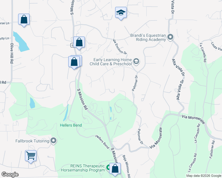 map of restaurants, bars, coffee shops, grocery stores, and more near 3860 Las Flores Drive in Fallbrook