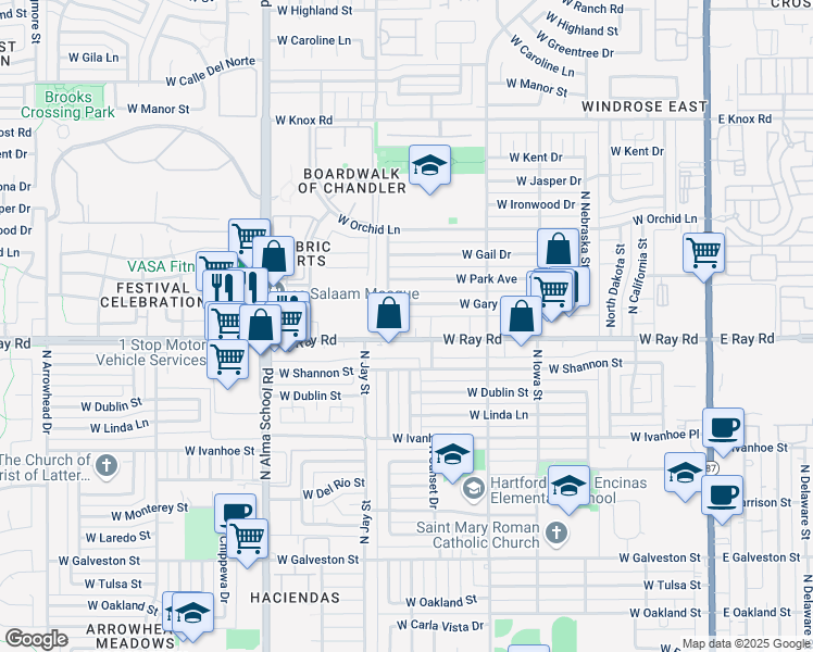 map of restaurants, bars, coffee shops, grocery stores, and more near 760 West Ray Circle in Chandler