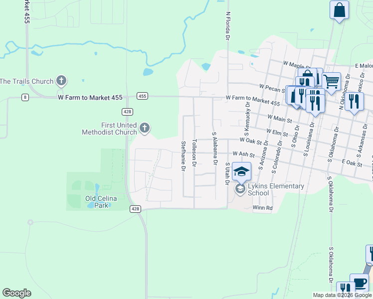 map of restaurants, bars, coffee shops, grocery stores, and more near 470 Stefhanie Drive in Celina
