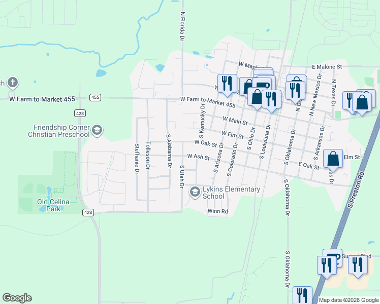 map of restaurants, bars, coffee shops, grocery stores, and more near 607 West Ash Street in Celina