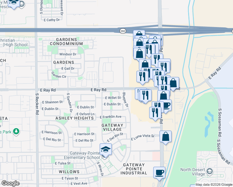 map of restaurants, bars, coffee shops, grocery stores, and more near 4515 East Megan Court in Gilbert