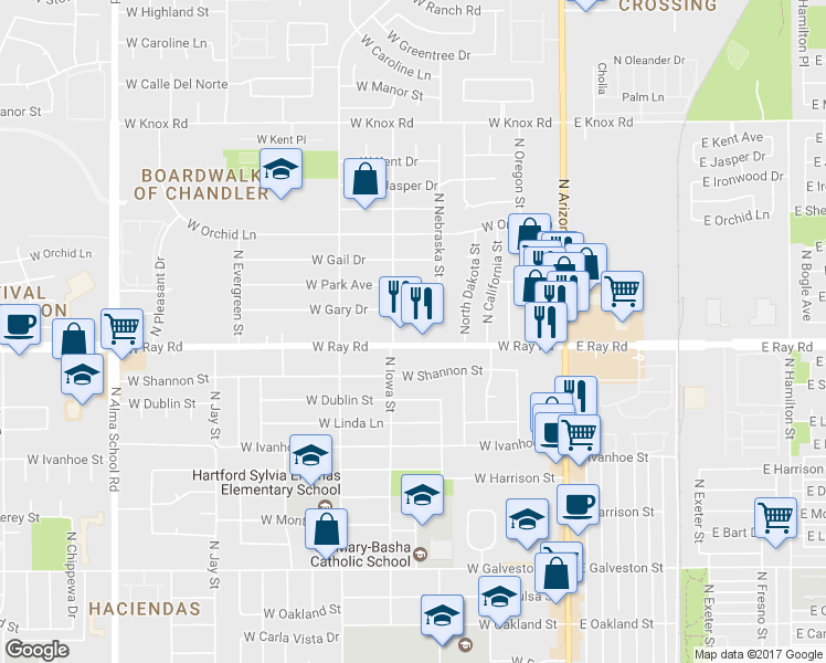 map of restaurants, bars, coffee shops, grocery stores, and more near 466 West Ray Road in Chandler