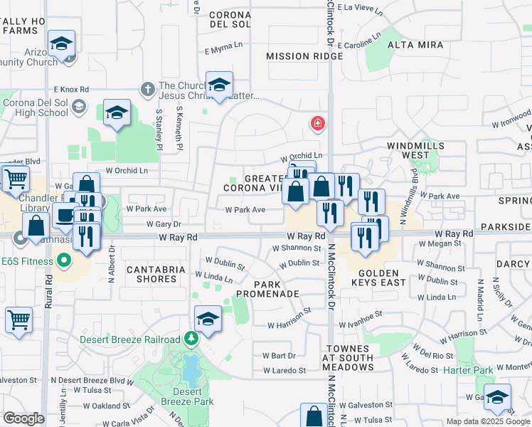 map of restaurants, bars, coffee shops, grocery stores, and more near 4153 West Park Avenue in Chandler