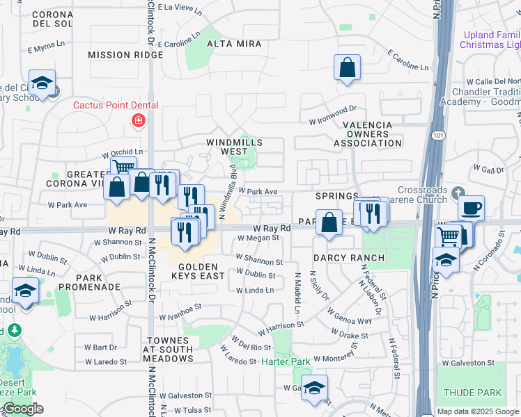 map of restaurants, bars, coffee shops, grocery stores, and more near 3600 West Ray Road in Chandler