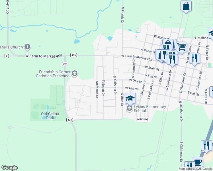 map of restaurants, bars, coffee shops, grocery stores, and more near 951 West Ash Street in Celina