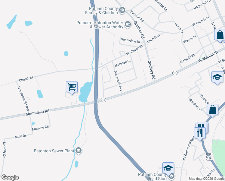 map of restaurants, bars, coffee shops, grocery stores, and more near 203 Cherokee Drive in Eatonton
