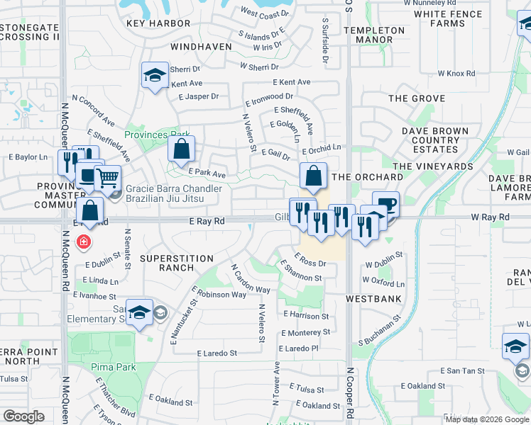 map of restaurants, bars, coffee shops, grocery stores, and more near 1721 East Gary Drive in Chandler
