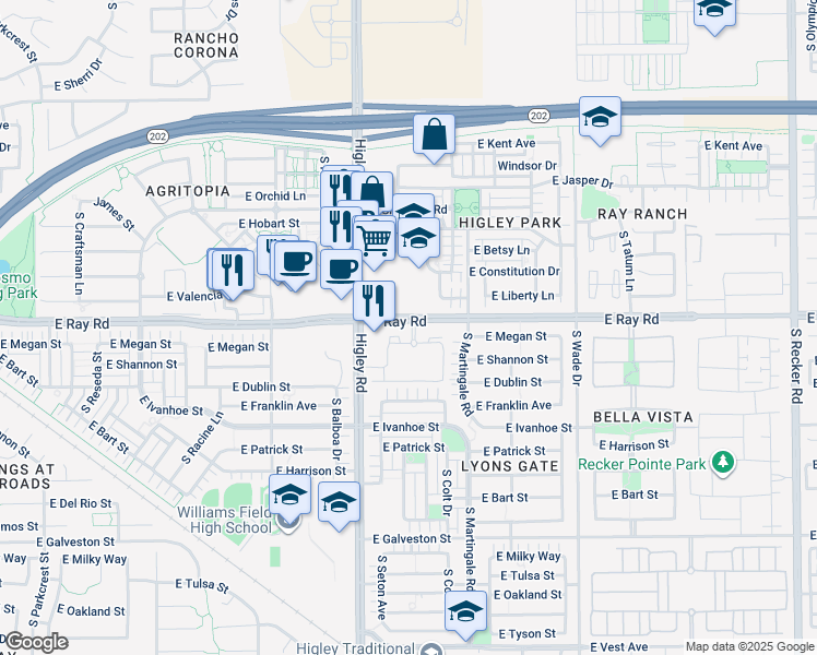 map of restaurants, bars, coffee shops, grocery stores, and more near 3301 East Ray Road in Gilbert