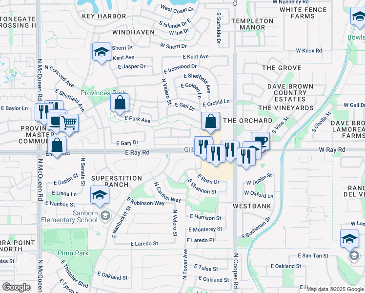 map of restaurants, bars, coffee shops, grocery stores, and more near 1721 East Gary Drive in Chandler