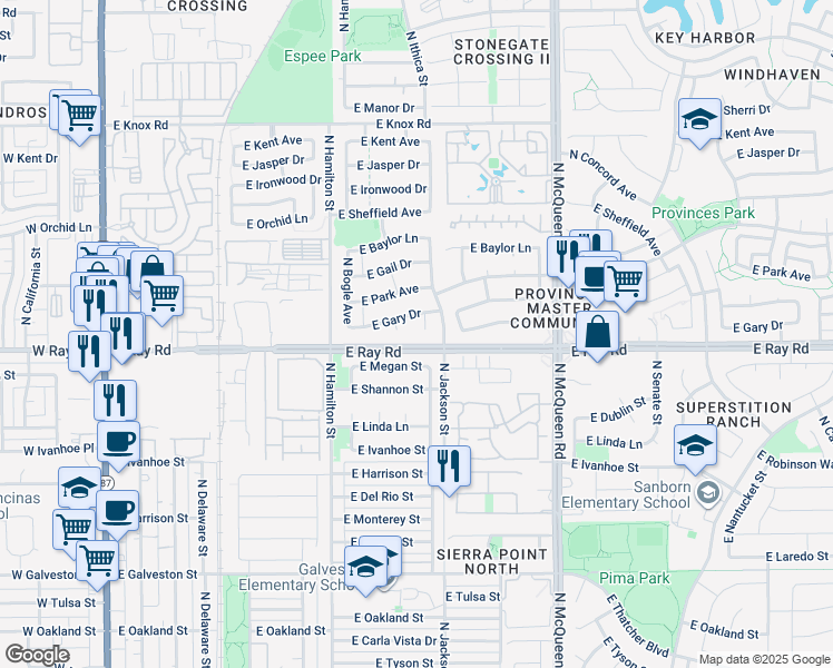 map of restaurants, bars, coffee shops, grocery stores, and more near 1012 North Layman Court in Chandler