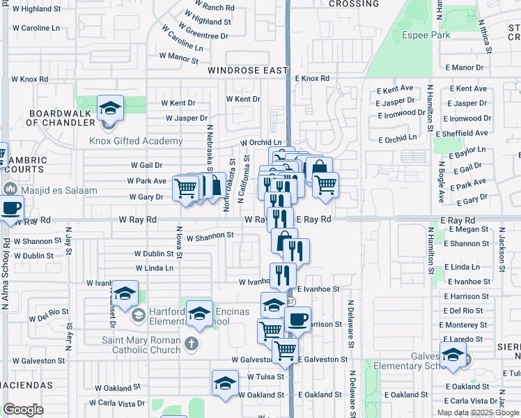 map of restaurants, bars, coffee shops, grocery stores, and more near 1004 Arizona 87 in Chandler