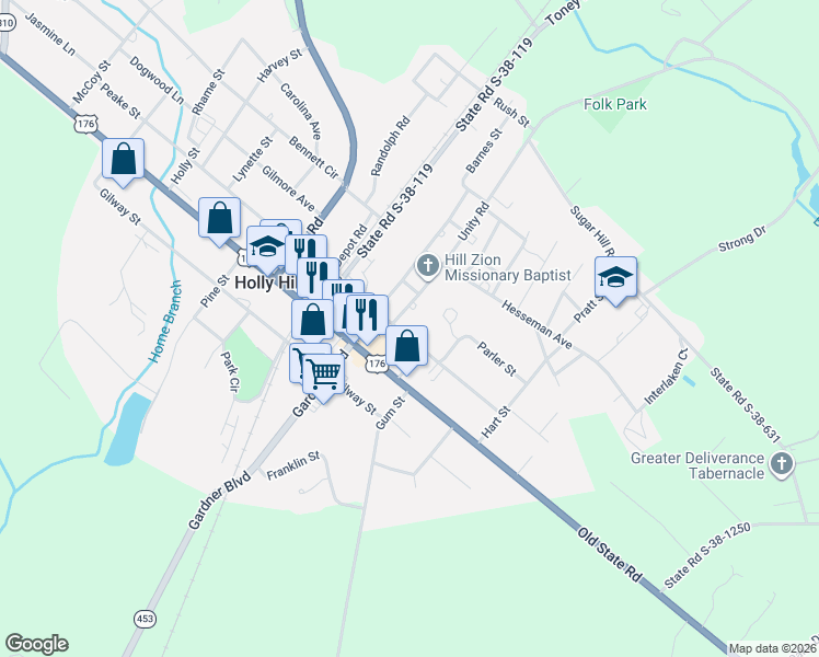 map of restaurants, bars, coffee shops, grocery stores, and more near 724 Peake Street in Holly Hill