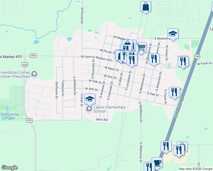 map of restaurants, bars, coffee shops, grocery stores, and more near 410 West Oak Street in Celina