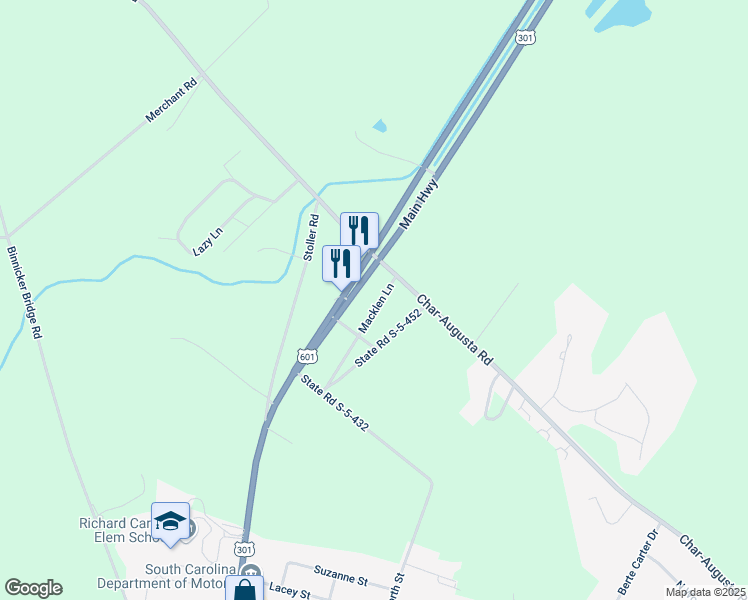 map of restaurants, bars, coffee shops, grocery stores, and more near 84 Macklen Lane in Bamberg