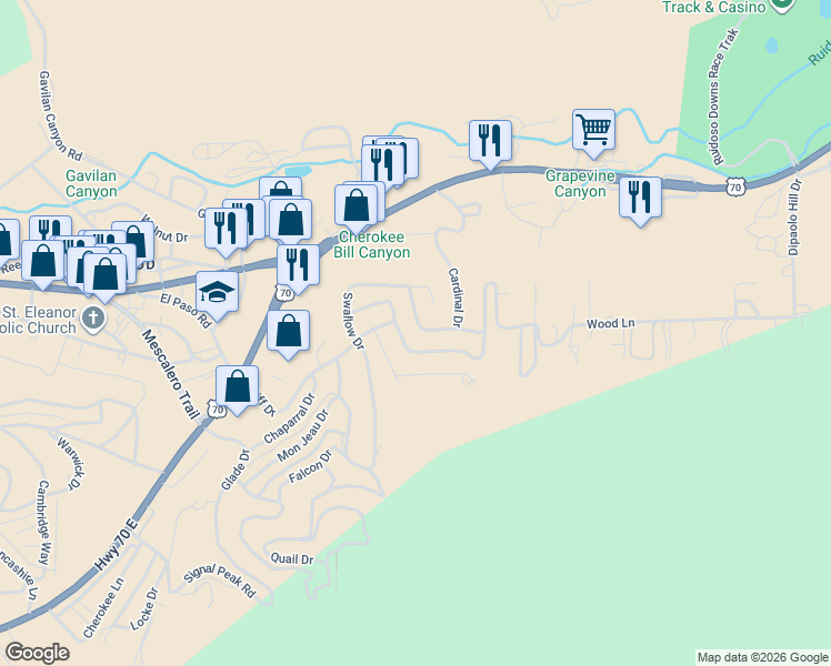 map of restaurants, bars, coffee shops, grocery stores, and more near 307-399 Swallow Drive in Ruidoso