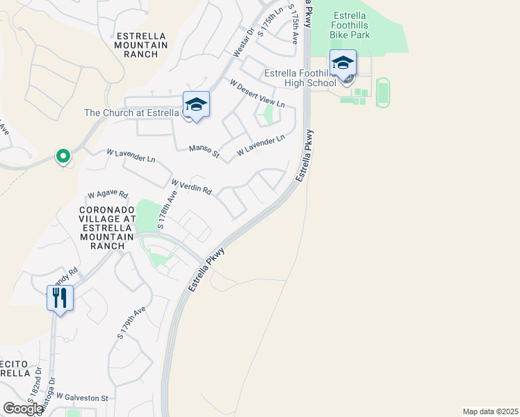 map of restaurants, bars, coffee shops, grocery stores, and more near 13782 South 176th Drive in Goodyear