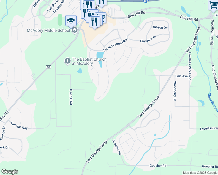 map of restaurants, bars, coffee shops, grocery stores, and more near 6324 Letson Farm Trail in Bessemer