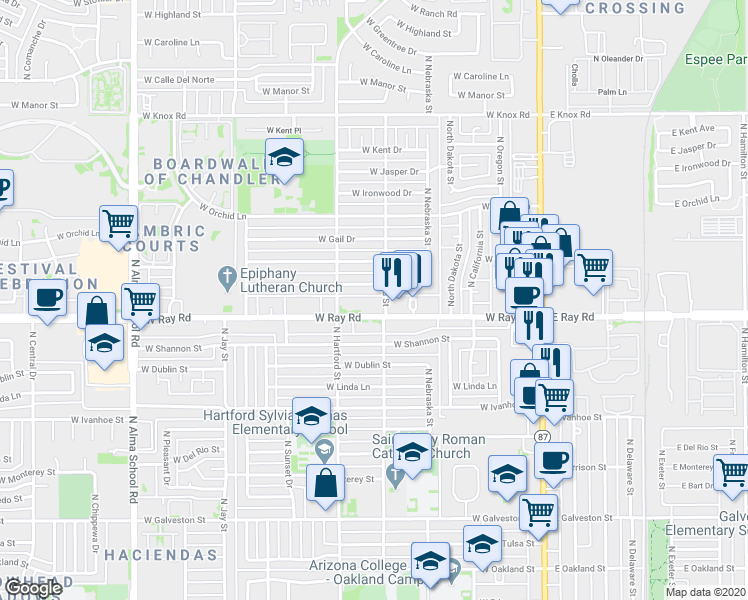 map of restaurants, bars, coffee shops, grocery stores, and more near 500 West Ray Road in Chandler