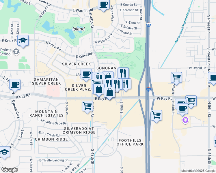 map of restaurants, bars, coffee shops, grocery stores, and more near 4940 East Ray Road in Phoenix