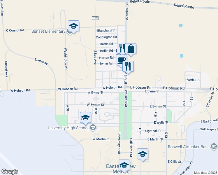 map of restaurants, bars, coffee shops, grocery stores, and more near 301 West Hobson Road in Roswell