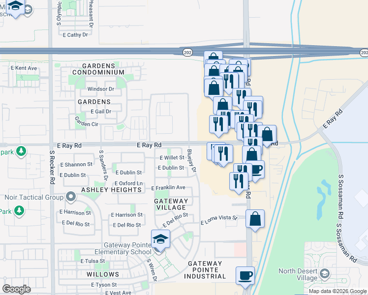 map of restaurants, bars, coffee shops, grocery stores, and more near 4515 East Megan Court in Gilbert