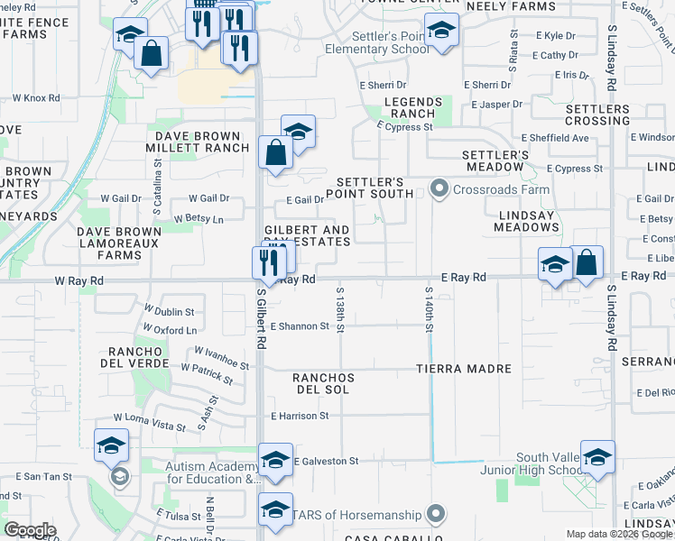 map of restaurants, bars, coffee shops, grocery stores, and more near 13729 South 138th Street in Gilbert
