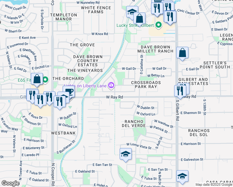 map of restaurants, bars, coffee shops, grocery stores, and more near 395 West Ray Road in Gilbert