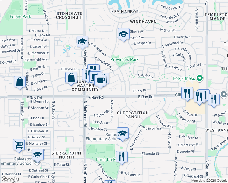 map of restaurants, bars, coffee shops, grocery stores, and more near in Chandler
