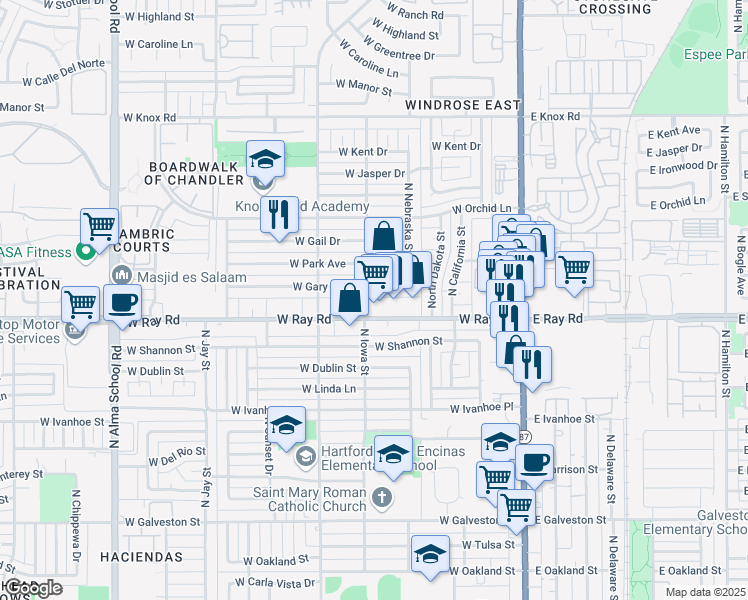 map of restaurants, bars, coffee shops, grocery stores, and more near 466 West Ray Road in Chandler