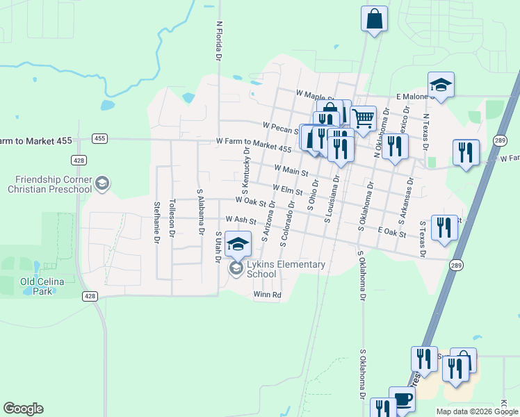 map of restaurants, bars, coffee shops, grocery stores, and more near 513 West Ash Street in Celina