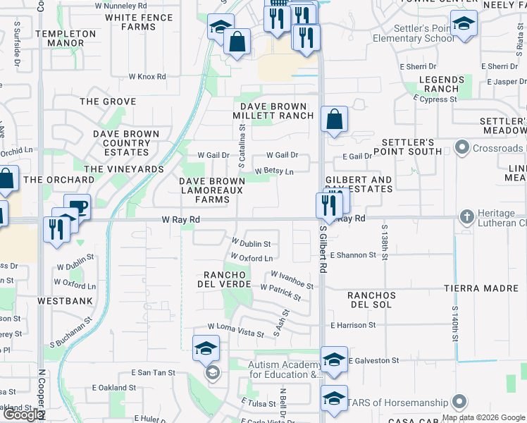 map of restaurants, bars, coffee shops, grocery stores, and more near 163 West Liberty Lane in Gilbert