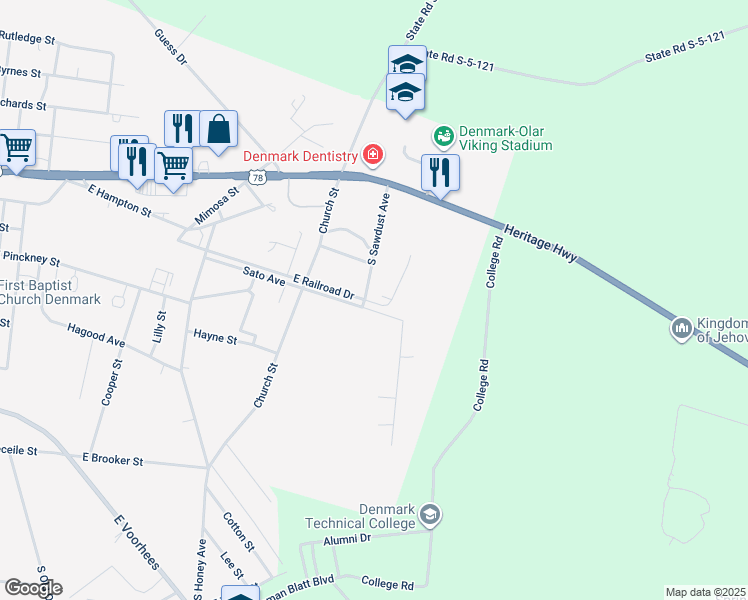 map of restaurants, bars, coffee shops, grocery stores, and more near 248 South Sawdust Avenue in Denmark