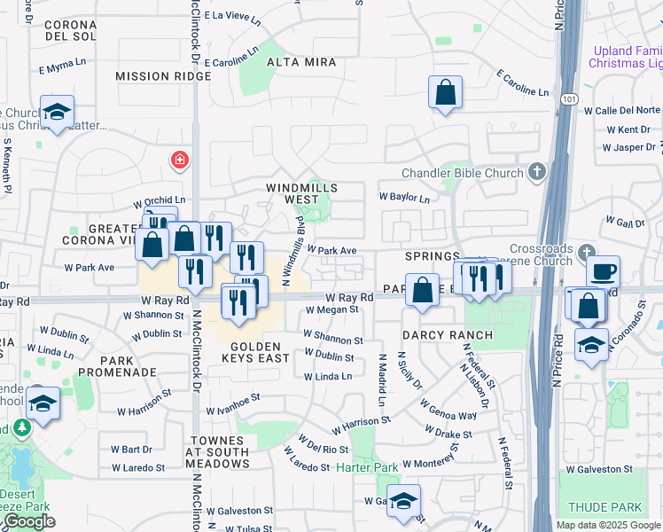 map of restaurants, bars, coffee shops, grocery stores, and more near 3600 West Ray Road in Chandler