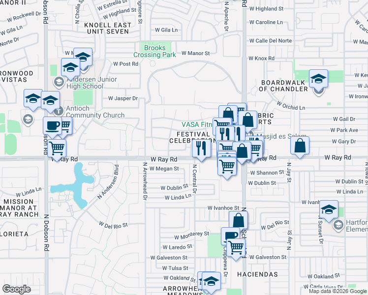 map of restaurants, bars, coffee shops, grocery stores, and more near 1022 North Henry Drive in Chandler
