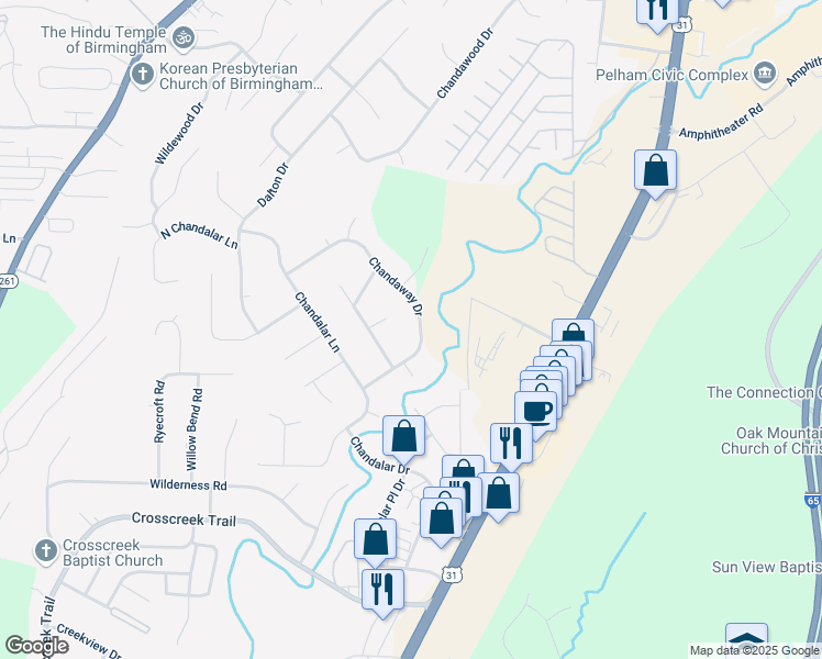 map of restaurants, bars, coffee shops, grocery stores, and more near 1938 Chandaway Drive in Pelham