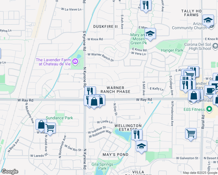 map of restaurants, bars, coffee shops, grocery stores, and more near 5832 West Gary Drive in Chandler