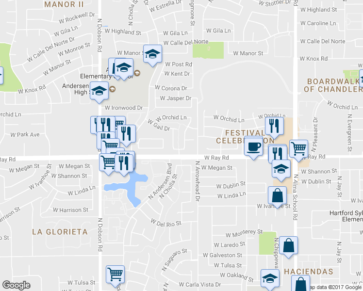 map of restaurants, bars, coffee shops, grocery stores, and more near 1038 North Longmore Street in Chandler