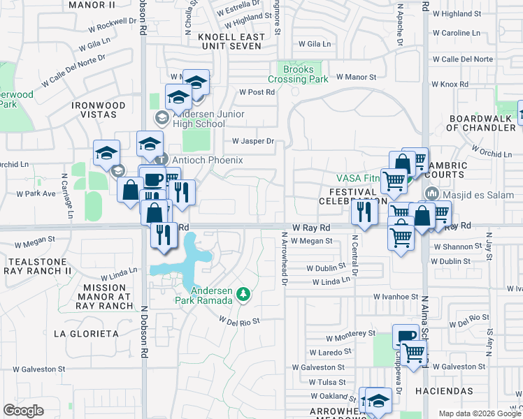map of restaurants, bars, coffee shops, grocery stores, and more near 1027 North Longmore Street in Chandler