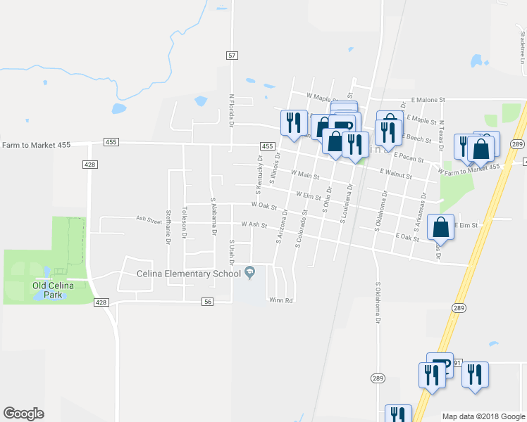 map of restaurants, bars, coffee shops, grocery stores, and more near 518 West Oak Street in Celina