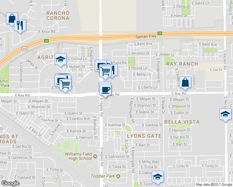 map of restaurants, bars, coffee shops, grocery stores, and more near 3301 East Ray Road in Gilbert