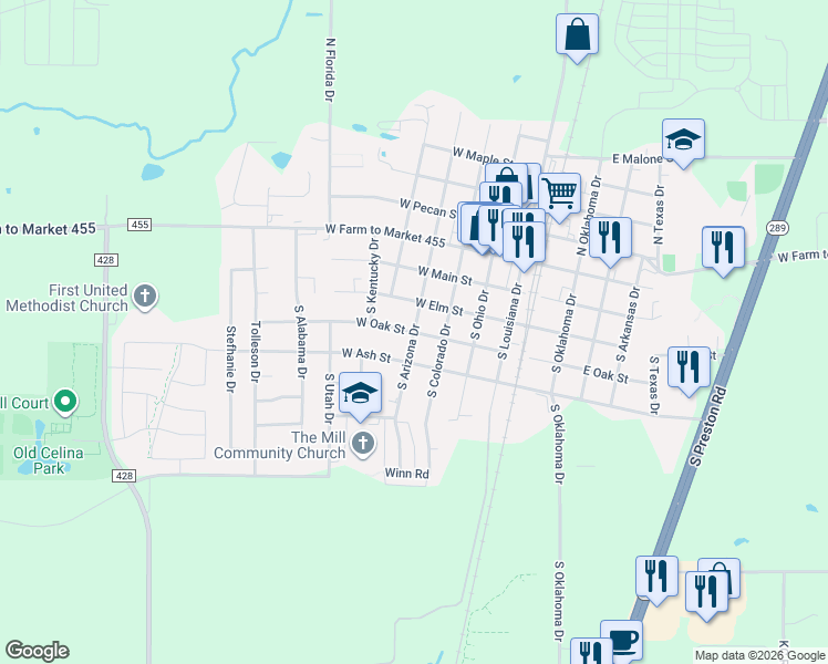 map of restaurants, bars, coffee shops, grocery stores, and more near 399 South Arizona Drive in Celina