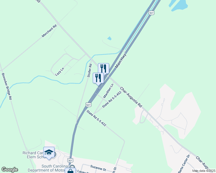 map of restaurants, bars, coffee shops, grocery stores, and more near 84 Macklen Lane in Bamberg