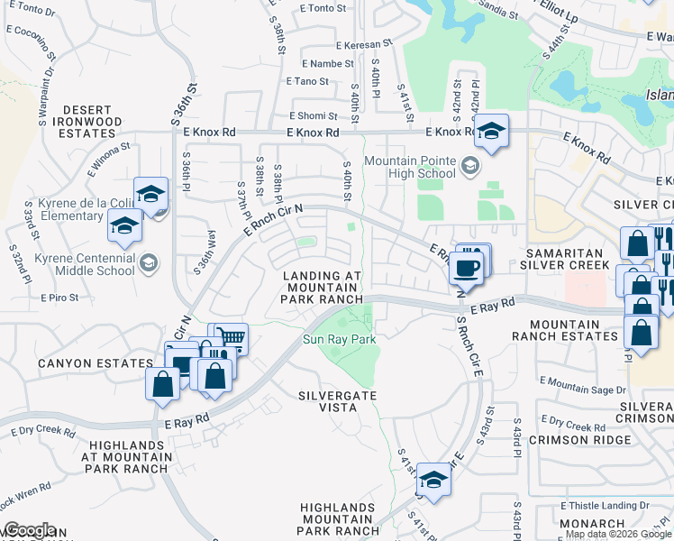 map of restaurants, bars, coffee shops, grocery stores, and more near 4105 East Cassia Way in Phoenix