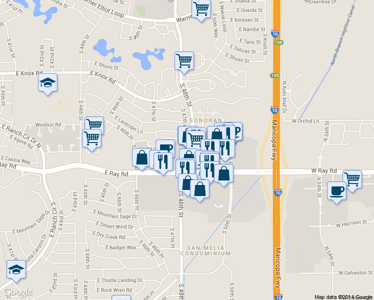 map of restaurants, bars, coffee shops, grocery stores, and more near 4810 East Ray Road in Phoenix