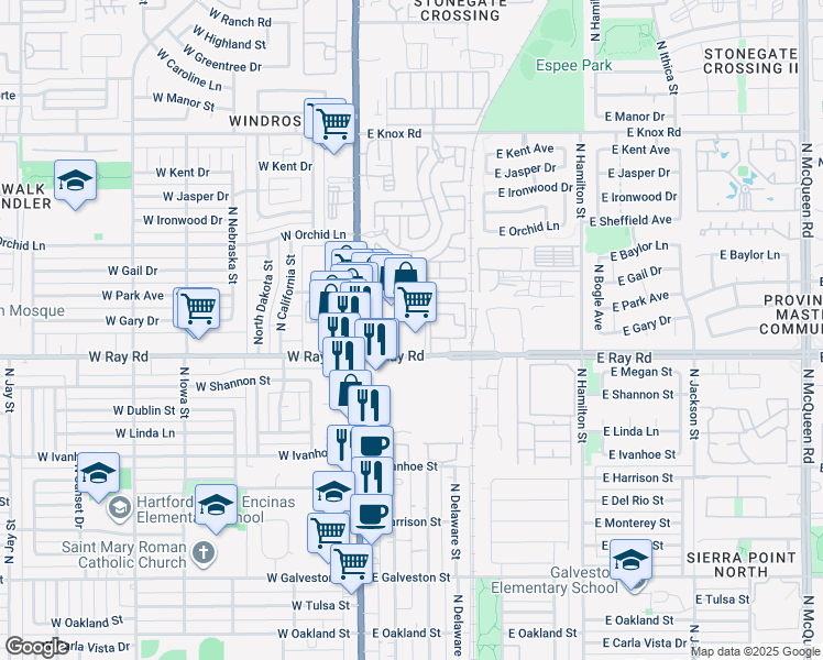 map of restaurants, bars, coffee shops, grocery stores, and more near 1005 North Arizona Avenue in Chandler