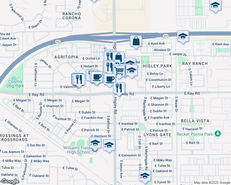 map of restaurants, bars, coffee shops, grocery stores, and more near S Higley Rd & E Ray Rd in Gilbert