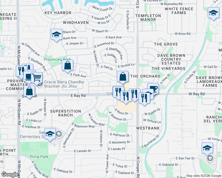 map of restaurants, bars, coffee shops, grocery stores, and more near 1721 East Gary Drive in Chandler