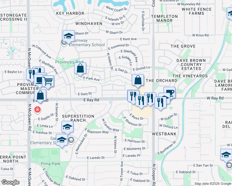 map of restaurants, bars, coffee shops, grocery stores, and more near 1721 East Gary Drive in Chandler