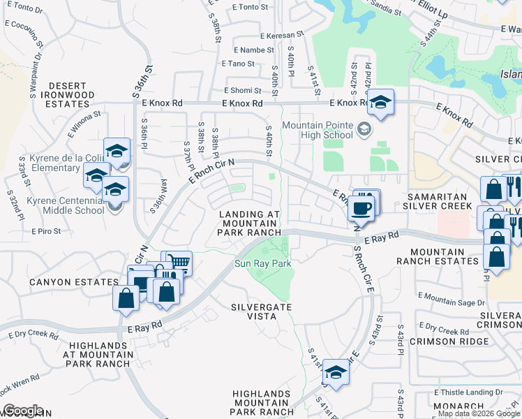 map of restaurants, bars, coffee shops, grocery stores, and more near 4105 East Cassia Way in Phoenix